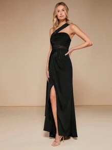 SHEIN Belle One Shoulder Mesh Insert Wrap Hem Bridesmaid Dress - Black - View 5