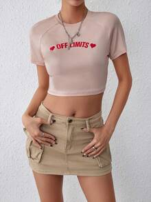 SHEIN EZwear Letter Graphic Raglan Sleeve Crop Tee - Baby Pink - View 4