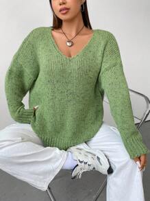 Flirla Áo len dệt kim có gân trễ vai Plus - màu xanh lá - Xem 1