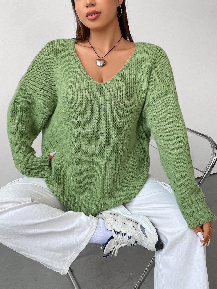 Flirla Áo len dệt kim có gân trễ vai Plus - màu xanh lá - Xem 1