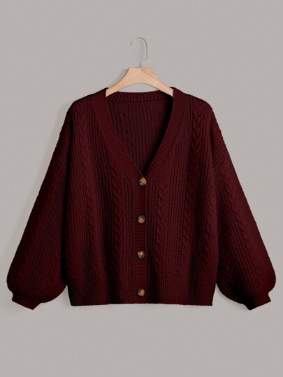 SHEIN LUNE Plus Size Women V-Neck Single-Breasted Long Sleeve Cardigan,Burgundy,Fall Winter,Casual,School,Back-To-School Versatile Thanksgiving Sweater