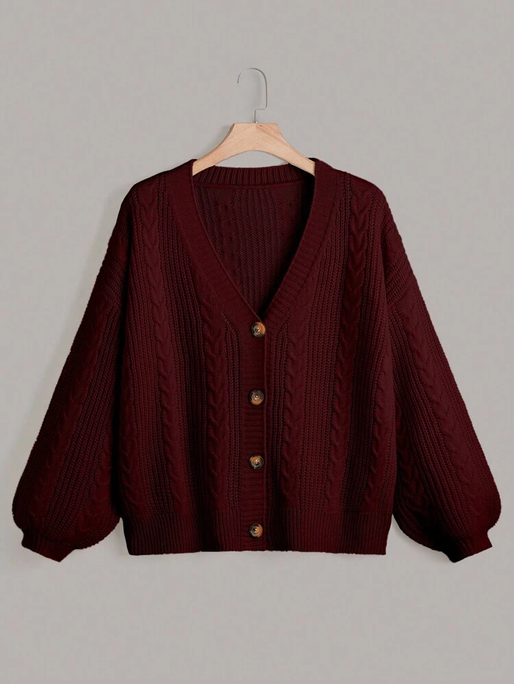 Plus Size Women's Solid Color V-Neck Single-Breasted Long Sleeve Casual/Work Versatile Cardigan, Burgundy, Autumn/Winter, For Thanksgiving, Winter Fall Cloth For Women