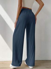 SHEIN EZwear Solid Slant Pocket Wide Leg Pants - Navy Blue - View 2