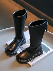 Autumn And Winter New High-top Children's Boots For Girls, With Thick-soles, Flat Heels, And Buckles - Black - View 1