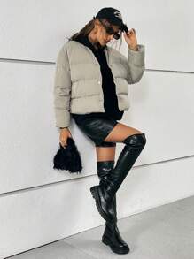 SHEIN Essnce 落肩斜口袋夹棉大衣 - 淺灰色 - 查看 4