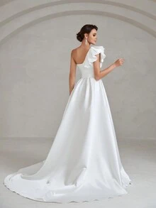 Faeriesty Wedding Dress Bridal Gown: Asymmetrical One-Shoulder Ruffle Accent A-Line Dress With Thigh-High Slit & Luxe Satin Fabric – Perfect For Wedding Ceremonies, Formal Receptions, Bridal Portraits, Destination Galas, Luxury Receptions,Bride - White - View 2