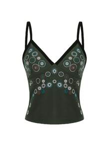 ROMWE Fairycore Women's Floral Print Hippie Retro Element Fashion Camisole Top - Army Green - View 3