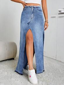 SHEIN EZwear High Waist Split Thigh Denim Skirt - Medium Wash - View 5