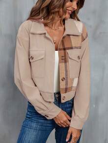 SHEIN LUNE Plaid Print Drop Shoulder Flap Pocket Jacket - Khaki - View 4