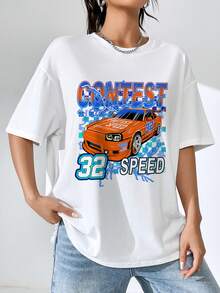 SHEIN EZwear Camiseta con hombros caídos y estampado de letra y coche - Blanco - Ver 3