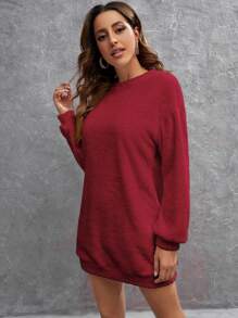 SHEIN LUNE Solid Drop Shoulder Teddy Sweatshirt Dress - Burgundy - View 5