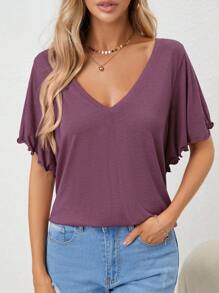 SHEIN LUNE 素色V領蝴蝶袖T恤 - 紫色 - 查看 1