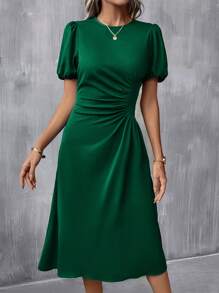 SHEIN Clasi Váy xếp nếp tay phồng phía trước - Màu xanh lá cây đậm - Xem 4