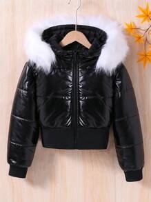 SHEIN Tween Girl 毛绒装饰连帽夹棉大衣 - 黑色 - 查看 1