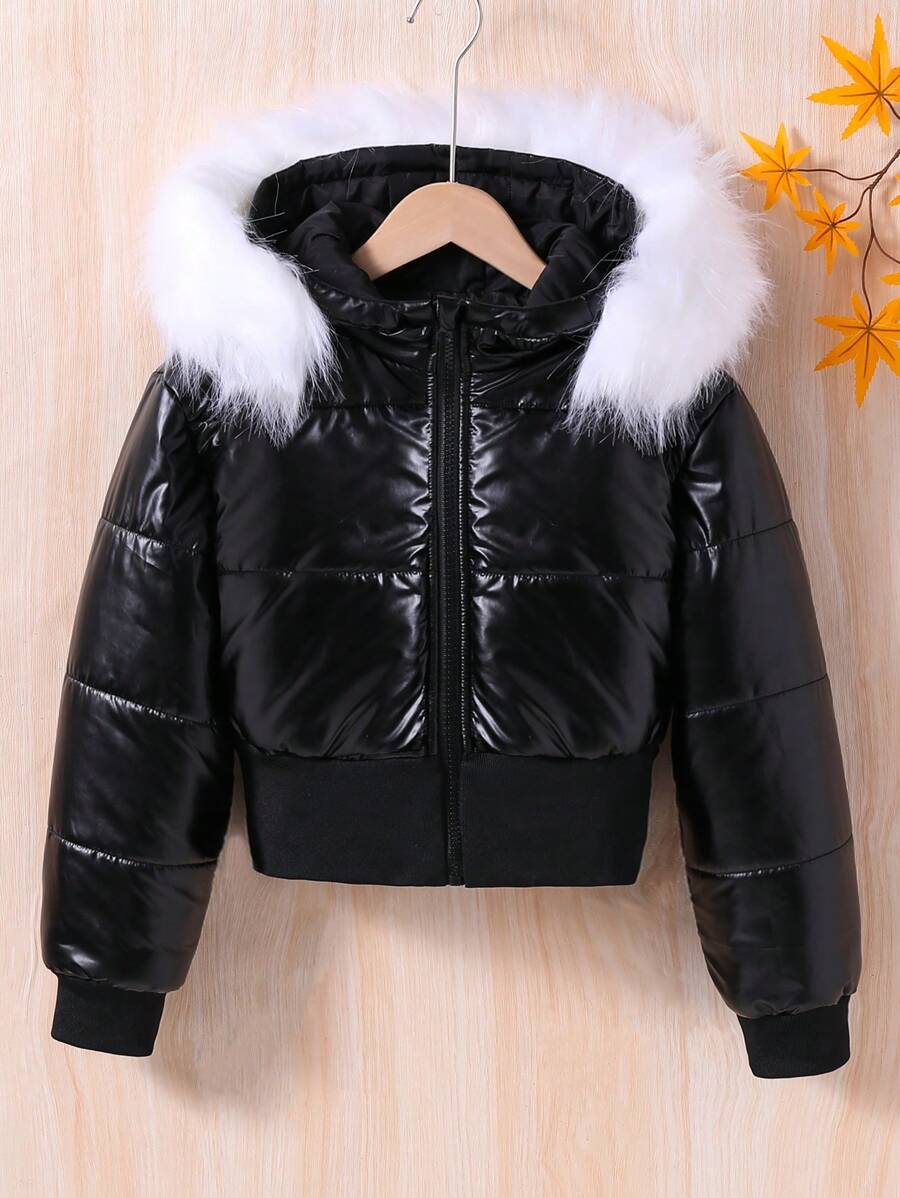 SHEIN Tween Girl 毛绒装饰连帽夹棉大衣 - 黑色 - 查看 1