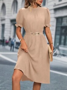 SHEIN Clasi 素色泡泡袖腰帶A字洋裝 - 卡其色 - 查看 3