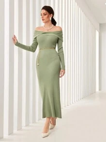 Modelyn 一字肩折邊毛衣洋裝不附腰帶 - 綠色 - 查看 6