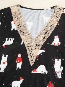 Christmas Print Contrast Lace Tee - Black - View 4