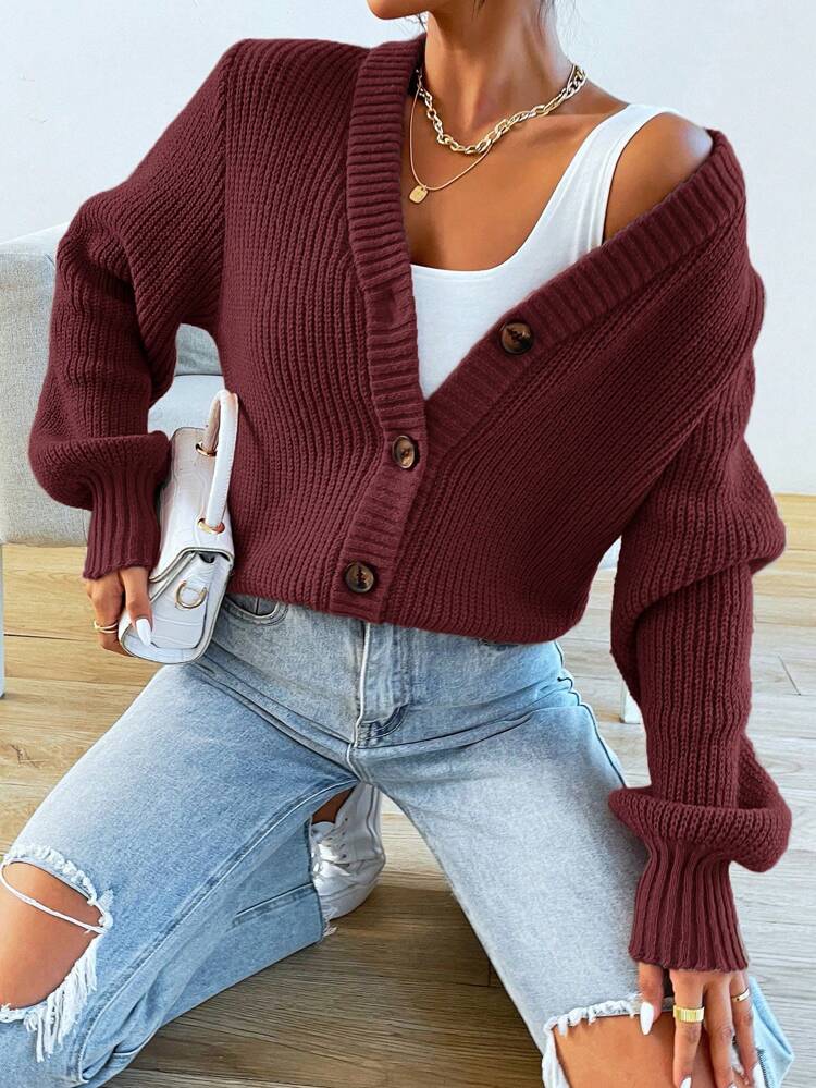 Burgundy Red Solid Button Front Cardigan Fall Winter Cloth For Women