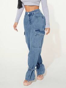 SHEIN SXY 有蓋口袋側結下擺工裝牛仔褲 - 中等水洗藍 - 查看 3