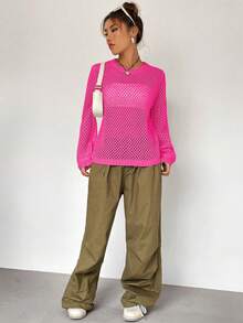 SHEIN Unity 無抹胸純色鏤空針織毛衣 - 玫紅色 - 查看 6