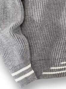 Men Patched Detail Striped Trim Drop Shoulder Sweater - Grey - View 3