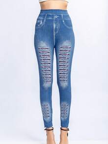 Denim Effect Leggings - Baby Blue - View 4