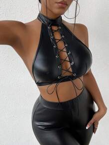 BamGleam Lace Up Front Crop Halter Top - Black - View 3
