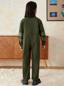 SHEIN Tween Boy Plaid Panel Flap Pocket Jumpsuit Without Bag - Army Green - View 2