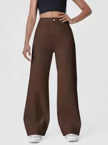 SHEIN EZwear Quần jean nữ Nút Túi Dây kéo màu trơn - Màu nâu Sô-cô-la - Xem 4