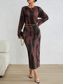Firerie Graphic Print Bodycon Dress Without Belt - Coffee Brown - View 1