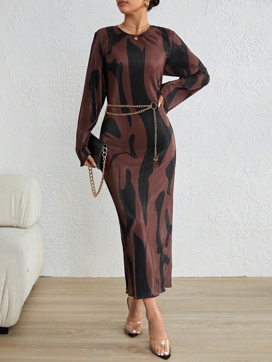 Firerie Graphic Print Bodycon Dress Without Belt - Coffee Brown - View 1