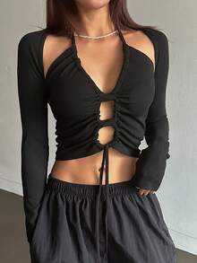 DAZY Drawstring Front Crop Halter Top & Bolero - Black - View 4