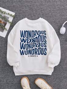 SHEIN Tween Girl Letter Graphic Thermal Lined Sweatshirt - White - View 1