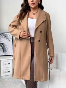 SHEIN Clasi Plus Waterfall Collar Belted Overcoat - Beige - View 5