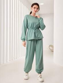 Mulvari Drop Shoulder Drawstring Waist Top & Sweatpants - Green - View 3