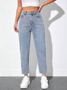 SHEIN PETITE High Waist Mom Fit Jeans - Light Wash - View 1