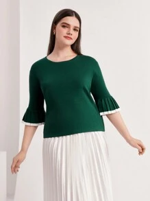 Mulvari 大碼拼接邊針織上衣 - 墨綠色 - 查看 3