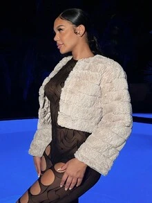 SHEIN SXY 前開式毛絨外套 - 杏色 - 查看 4