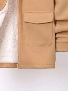 SHEIN Cậu bé Tween Cổ áo Borg Túi có nắp Lót Teddy Dây kéo mặt trước Áo khoác - Màu Khaki - Xem 6