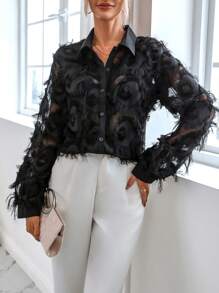 Xyvia Fuzzy Trim Button Front Shirt,Long Sleeve Tops Fall Cloth For Women