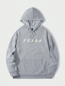 Manfinity Homme Men Letter Graphic Kangaroo Pocket Drawstring Hoodie & Sweatpants - Grey - View 4