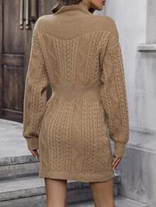 SHEIN LUNE 高領絞花針織落肩毛衣洋裝 - 棕色 - 查看 2