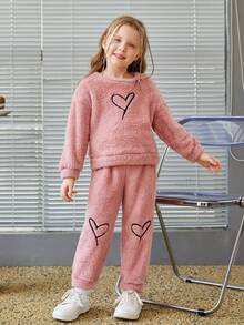 SHEIN Young Girl Heart Embroidery Drop Shoulder Teddy Sweatshirt & Pants - Dusty Pink - View 5