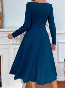 EMERY ROSE Solid Zip Back Plicated Hem Dress - Teal Blue - View 2