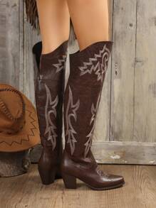 FVPFVP 女士时尚刺绣细节户外骑马靴，西部风格，秋冬季牛仔靴 - 棕色 - 查看 3