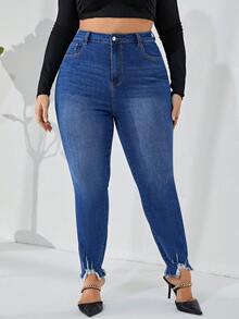 SHEIN LUNE 加高腰毛邊緊身牛仔褲 - 藍色 - 查看 2