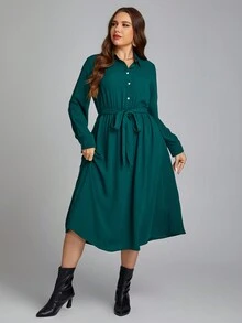 SHEIN Clasi Plus Solid Belted Shirt Dress - Green - View 3