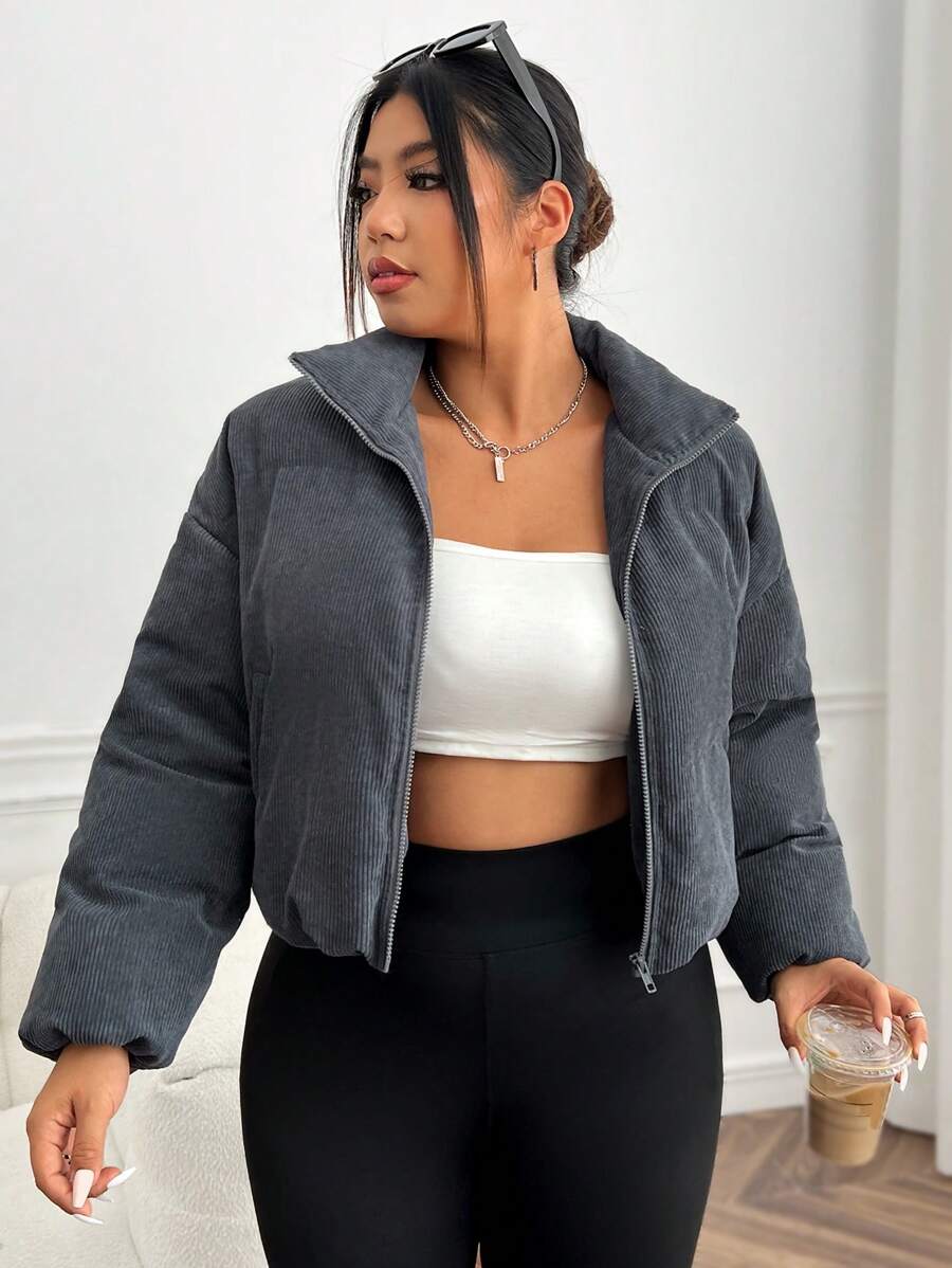 SHEIN EZwear Plus Zip Up Padded Coat For Winter - Dark Grey - View 1