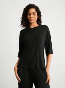 素色落肩袖休閒服T恤 - 黑色 - 查看 3